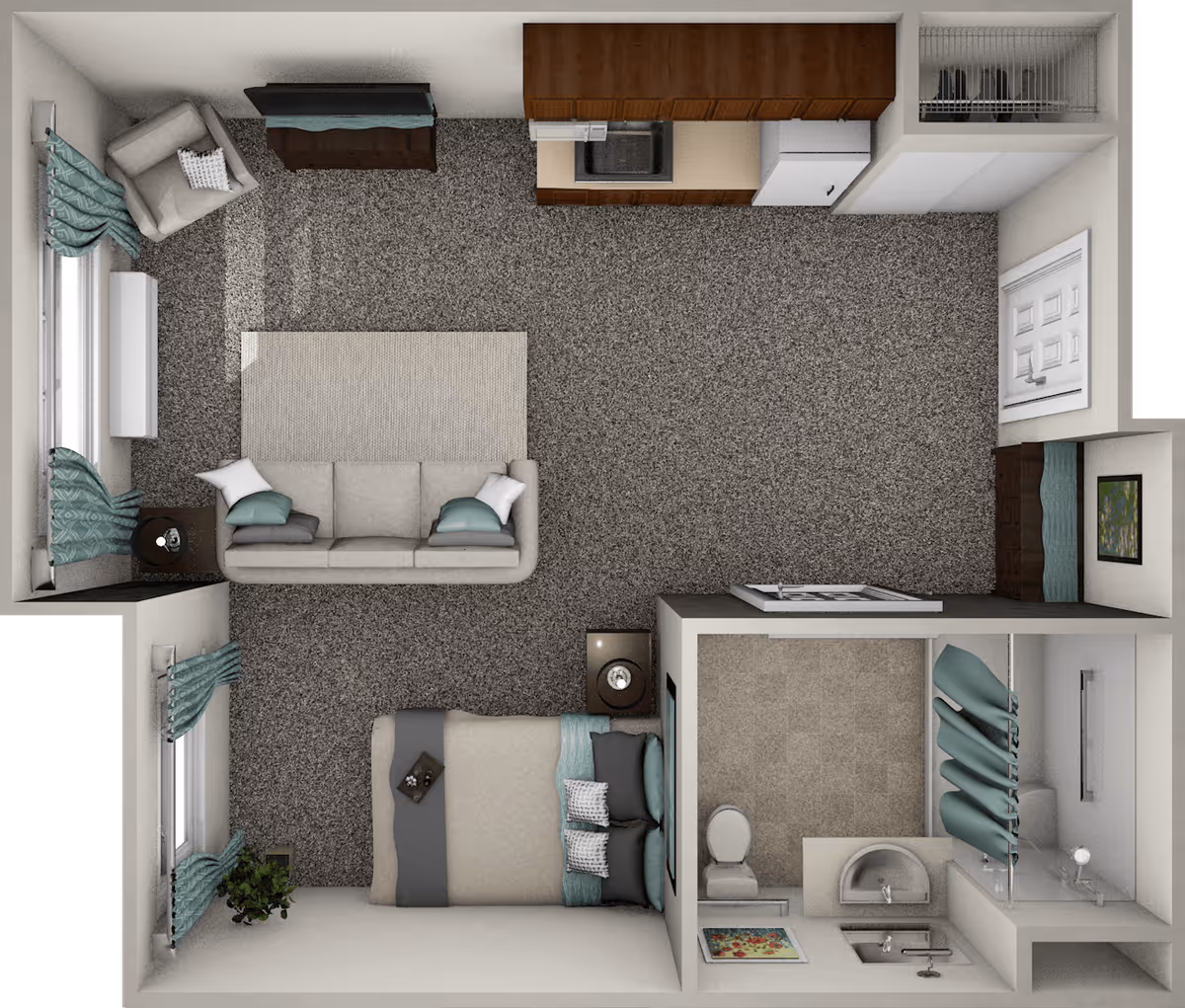 Top-down view of a small apartment layout featuring a living area with a sofa, armchair, TV, and side table; a kitchenette with cabinets, sink, and refrigerator; a bedroom area with a bed and nightstand; and a bathroom with a toilet, sink, and shower with a curtain.