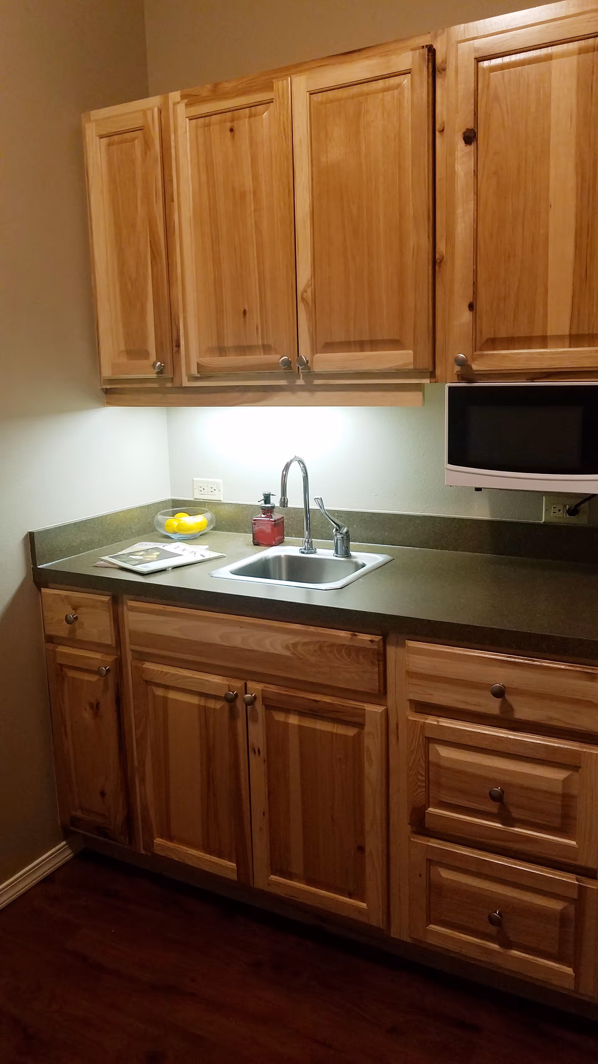 A kitchen area with wooden cabinets above and below a green countertop. There is a small stainless steel sink with a faucet, a soap dispenser, a bowl of lemons, and a microwave mounted under the upper cabinets. The area is well-lit with under-cabinet lighting.