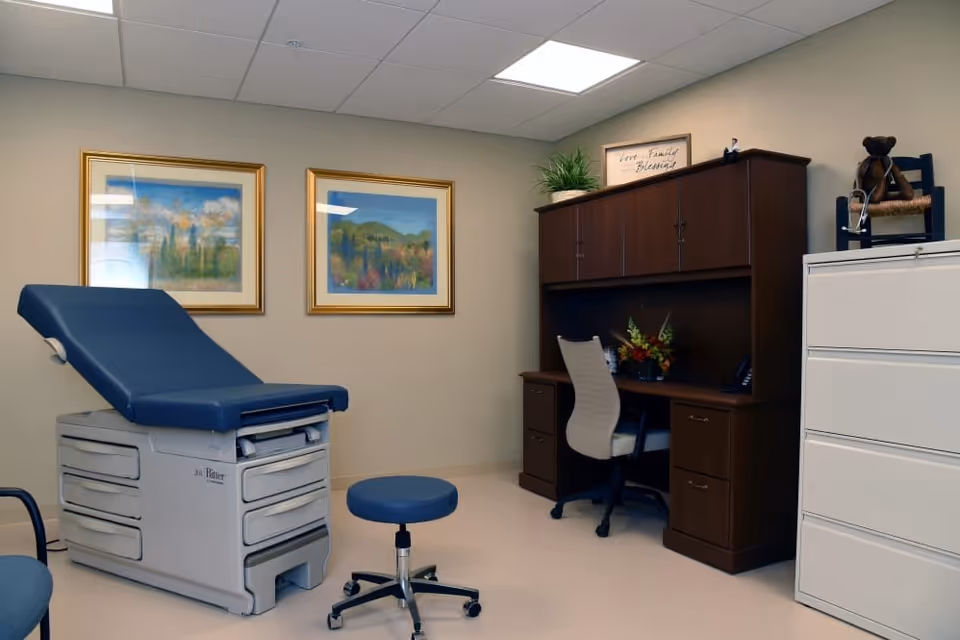 A medical examination room with a blue examination table, a matching blue stool, a dark wooden desk with a white office chair, a white filing cabinet, and two framed landscape paintings on the wall. There is also a small plant and a teddy bear on the furniture.