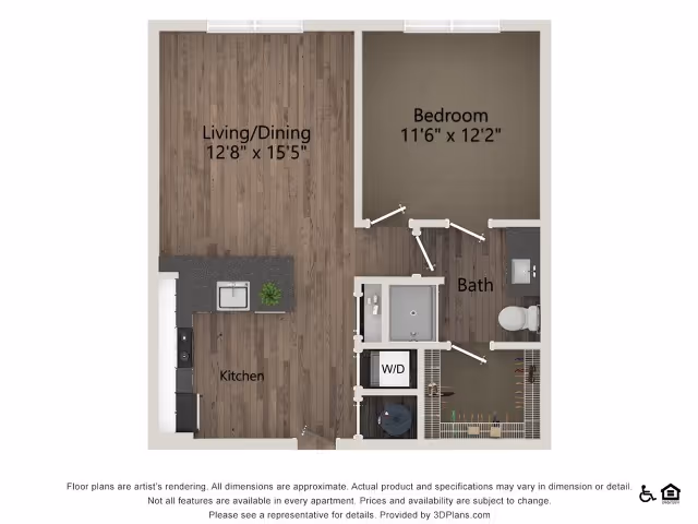 Top-down floor plan of a one-bedroom apartment showing living/dining area, kitchen, bedroom, bathroom, and a washer/dryer closet.