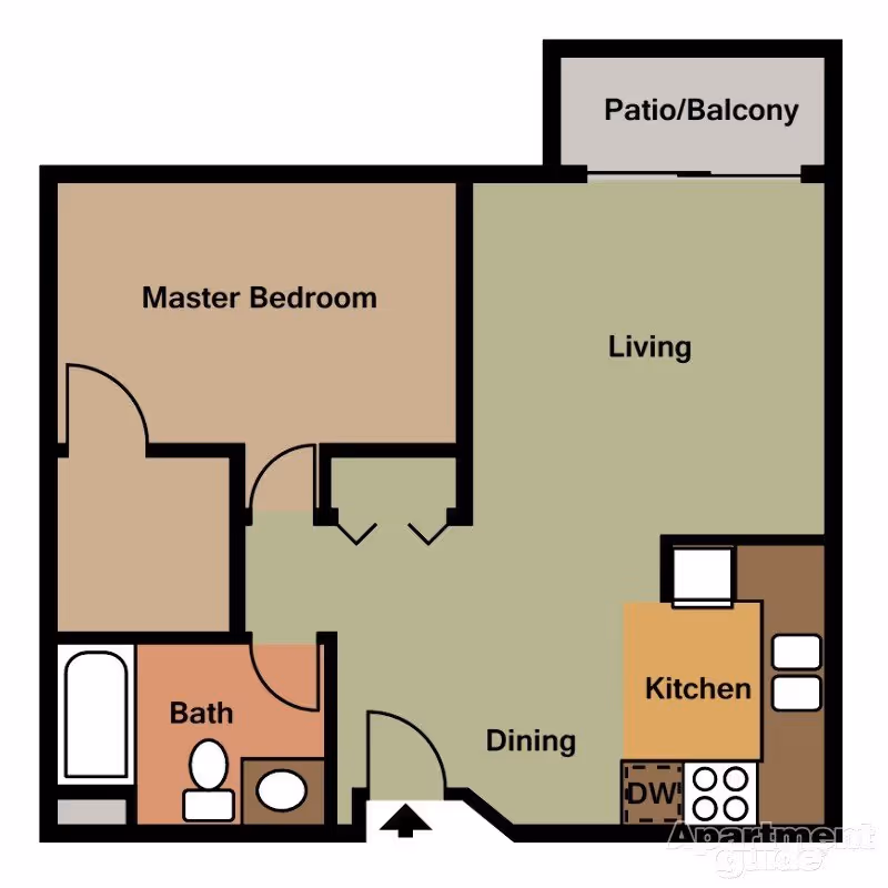 One-bedroom apartment floor plan showing a master bedroom, bath, kitchen, dining and a living area with a patio/balcony.