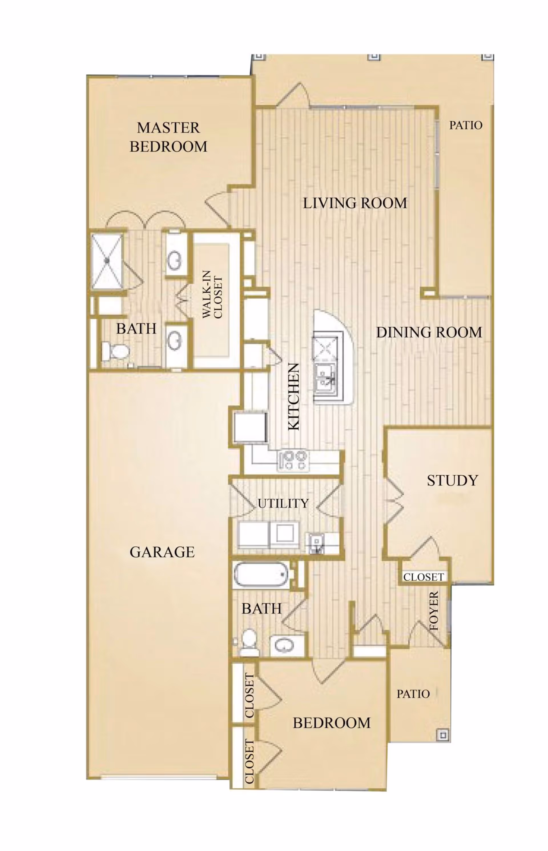 Floor plan of a residential unit at Landon Ridge Sugar Land Independent Living showing a master bedroom with walk-in closet and bath, a second bedroom with closets, two bathrooms, a kitchen, utility room, living room, dining room, study, foyer, garage, and two patios.