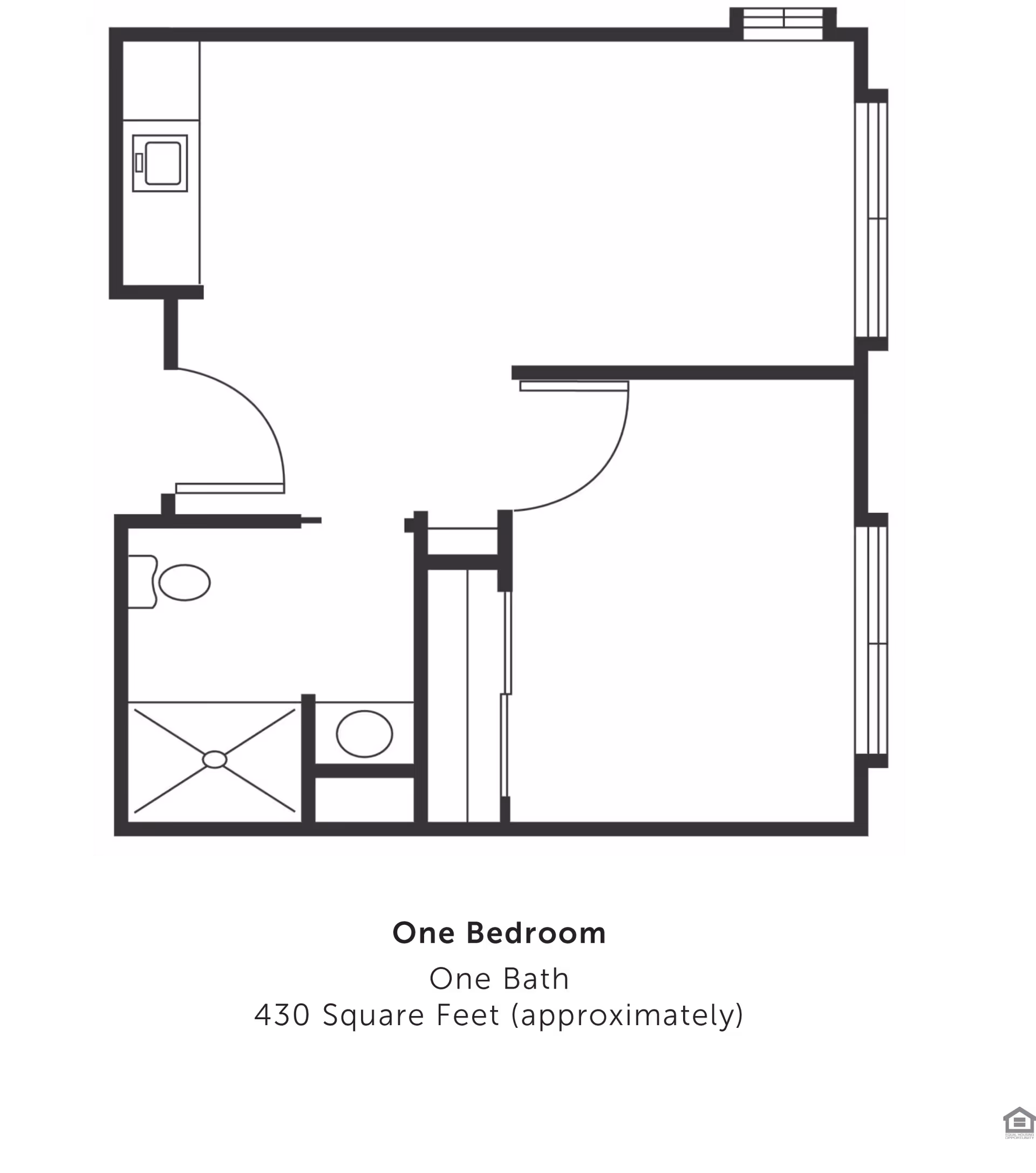 Floor plan layout of a one-bedroom, one-bath apartment with approximately 430 square feet. The plan shows a bedroom, bathroom with shower and toilet, a kitchen area with a sink, and a living space.