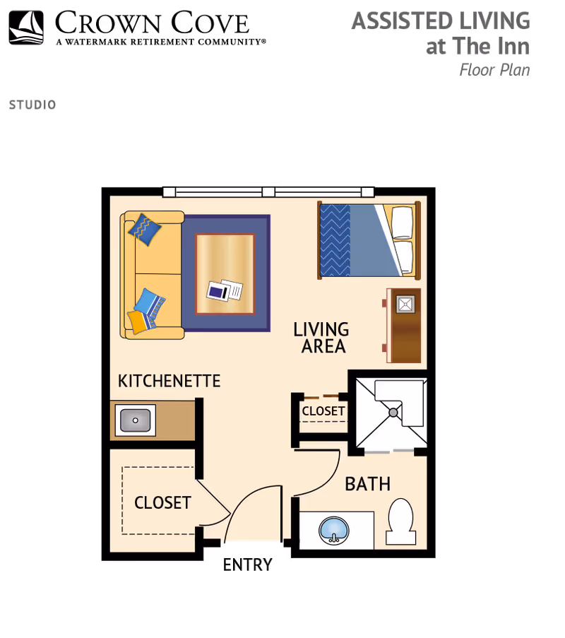 Floor plan of a studio assisted living apartment showing a kitchenette with a sink, a living area with a sofa, coffee table, bed, dresser, two closets, and a bathroom with a shower, sink, and toilet.
