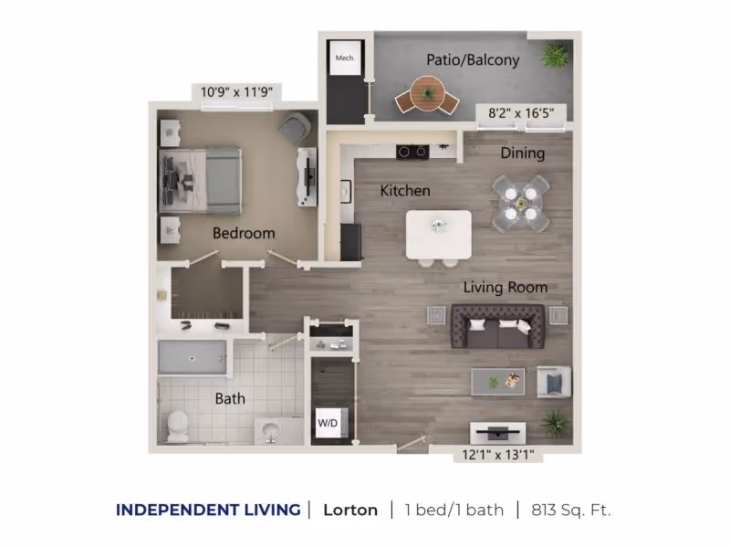 Floor plan of an independent living apartment named Lorton with 1 bedroom and 1 bathroom, totaling 813 square feet. The layout includes a bedroom, bathroom, kitchen, dining area, living room, patio/balcony, and a washer/dryer closet.