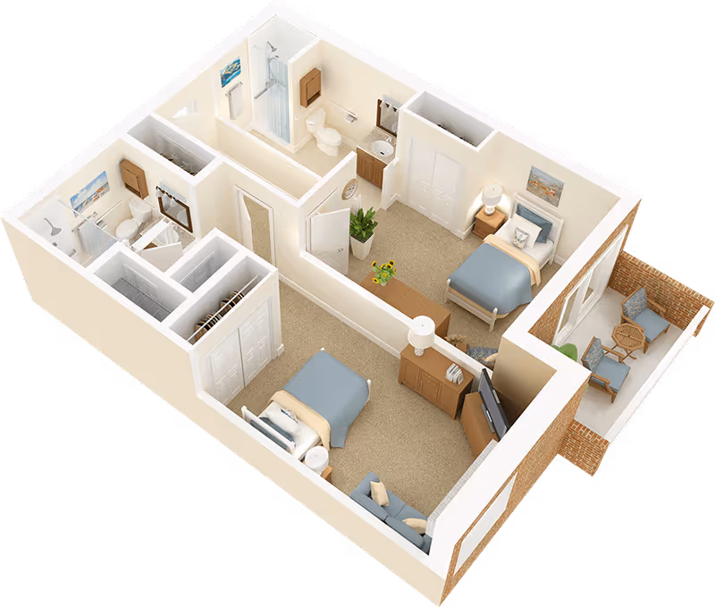 3D floor plan of an assisted living apartment featuring two bedrooms, two bathrooms, a living area with a sofa and TV, and a small outdoor patio with chairs and a table.