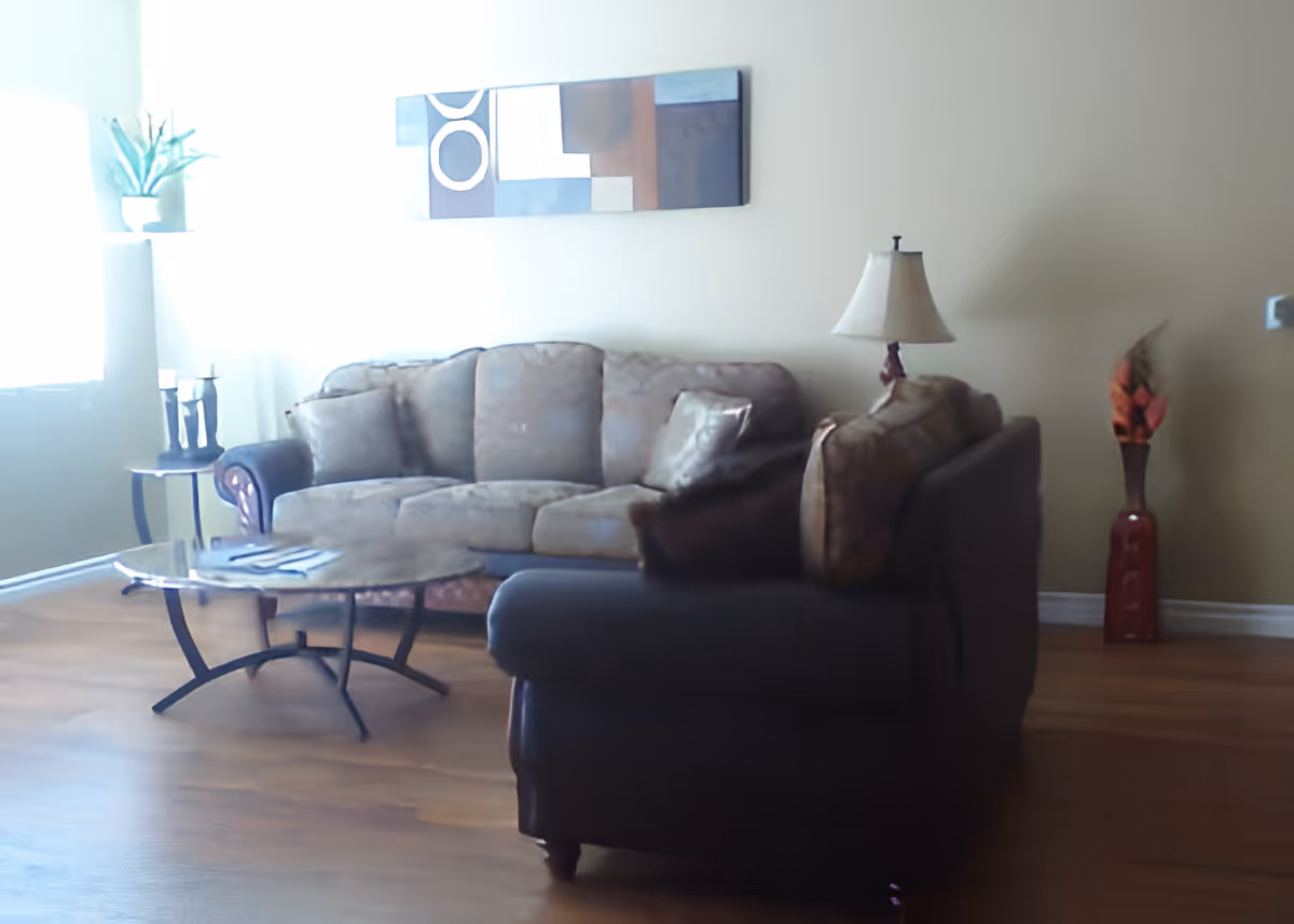Sunlit living room with two sofas, a glass coffee table, a side lamp, wall art, and hardwood floors.