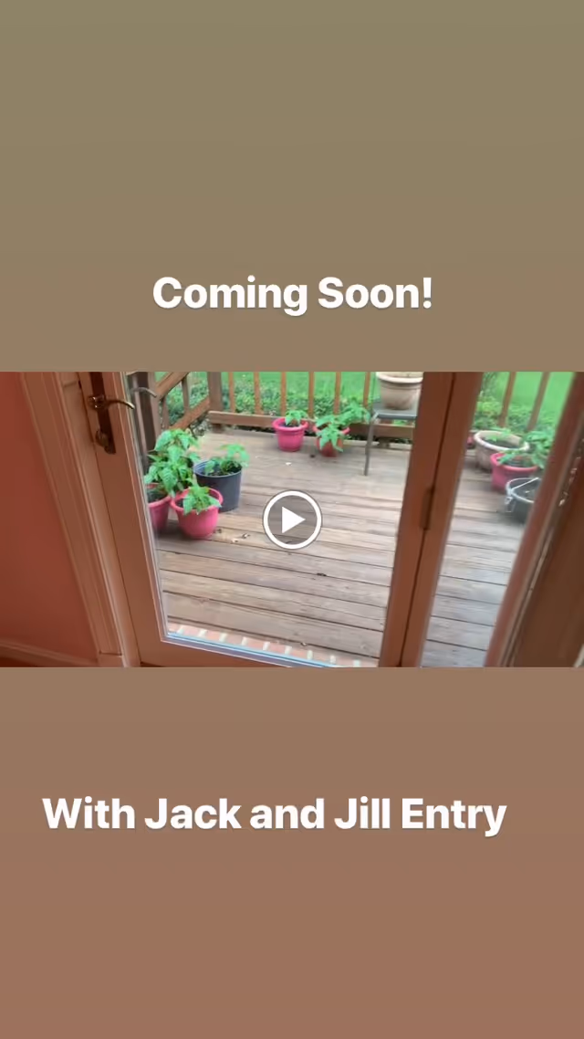 Glass door leading to a wooden deck with several potted plants and overlay text reading 'Coming Soon! With Jack and Jill Entry.'