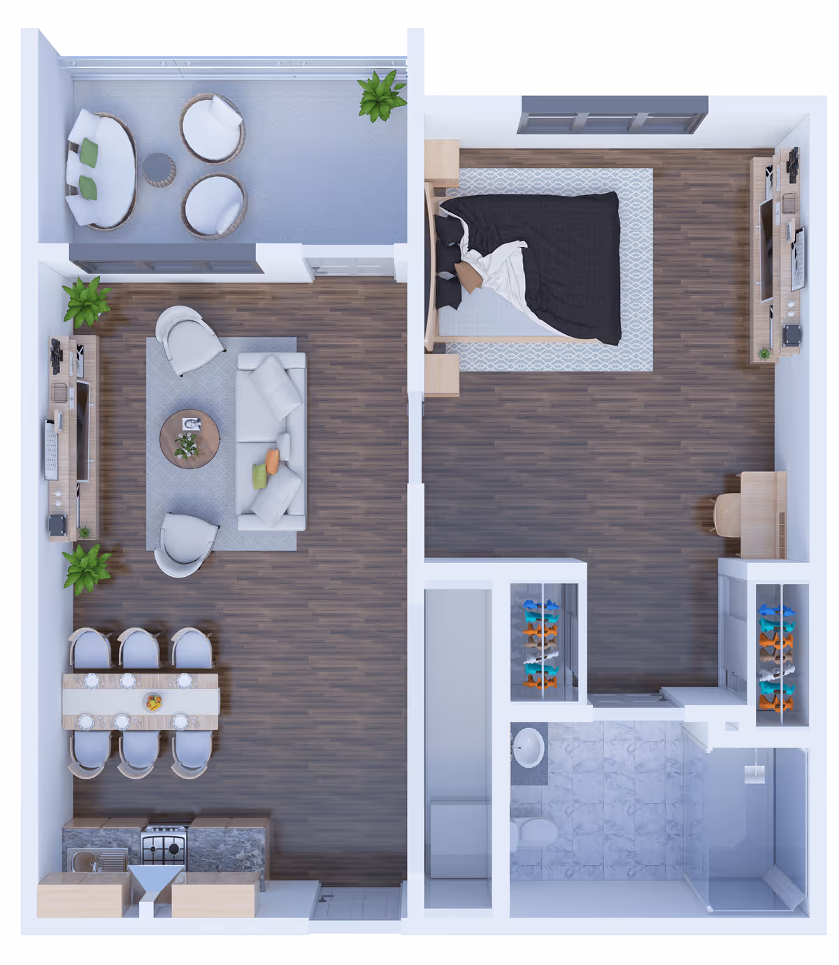 Top-down view of a senior living apartment floor plan featuring a bedroom with a bed, desk, and closet; a bathroom with a shower, toilet, and sink; a living room with sofa, chairs, coffee table, and TV; a dining area with a table and six chairs; a kitchen with appliances and cabinets; and a balcony with outdoor seating and plants.