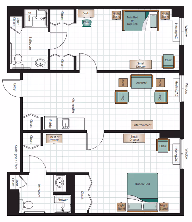 Floor plan of a senior living apartment at Belmont Village Senior Living Lakeway showing two bedrooms, two bathrooms, a kitchenette, and a living area with furniture placement including beds, chairs, dressers, and tables.