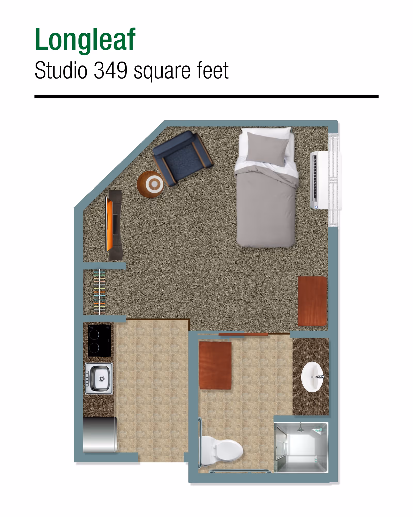 Floor plan of a studio apartment named Longleaf, 349 square feet, showing a combined living and sleeping area with a bed, armchair, side table, and TV. The kitchen area includes a sink, stove, and refrigerator. There is a separate bathroom with a toilet, sink, and shower.