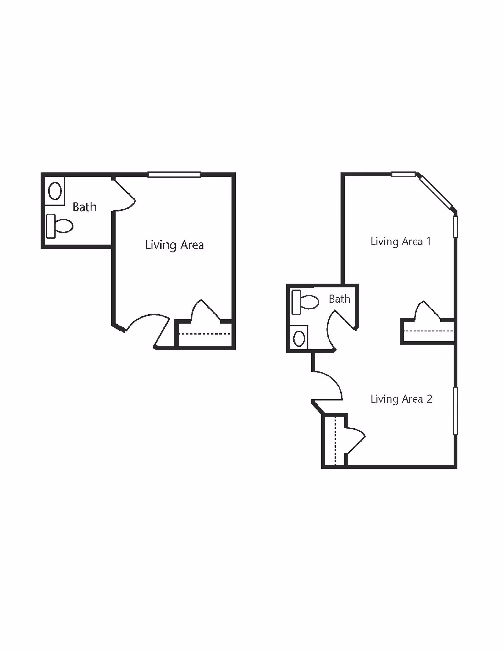 Architectural floor plan showing two separate living areas each with a bathroom. The left layout has a living area and a bath, while the right layout has two living areas labeled Living Area 1 and Living Area 2, and a bath in between.