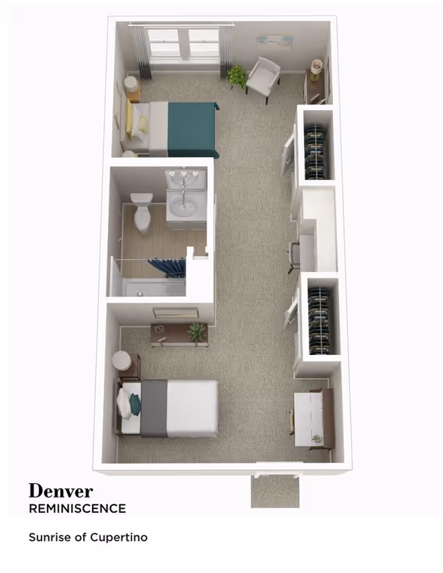 Top-down rendered floor plan of a long studio-style senior living apartment showing two sleeping areas, a bathroom, closets, and an entryway.