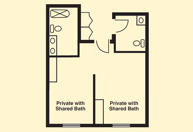 Floor plan layout showing two private rooms each with shared bathrooms. The left side has a larger bathroom with a bathtub, toilet, and double sink, while the right side has a smaller bathroom with a toilet and sink. Both rooms are labeled 'Private with Shared Bath'.