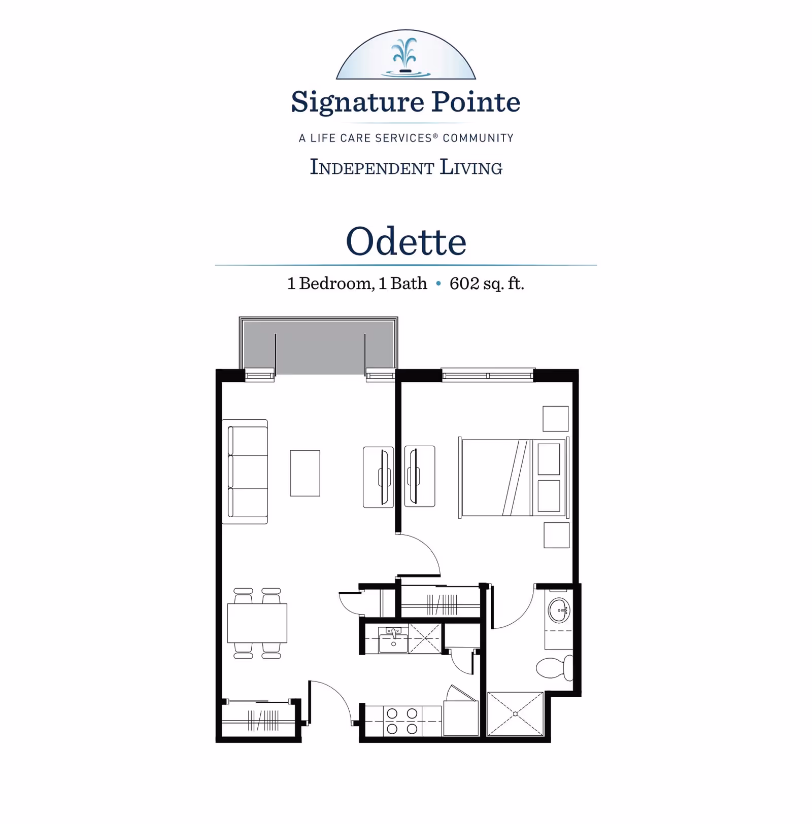 Floor plan of the Odette apartment at Signature Pointe showing 1 bedroom, 1 bathroom, a kitchen, dining area, living room, and a balcony. The total area is 602 square feet.