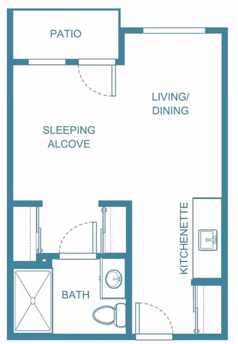 Architectural floor plan of a studio apartment at Holiday Bluebird Estates showing a patio, sleeping alcove, living/dining area, kitchenette, and a bathroom with a shower, toilet, and sink.