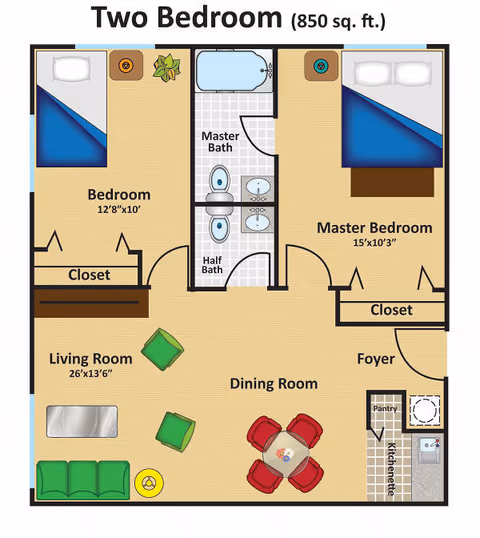 Floor plan of a two-bedroom apartment with 850 square feet. It includes a bedroom, master bedroom, master bath, half bath, living room, dining room, foyer, pantry, and kitchenette. The bedrooms have closets, and the living room has seating furniture. The dining room has a round table with four chairs.