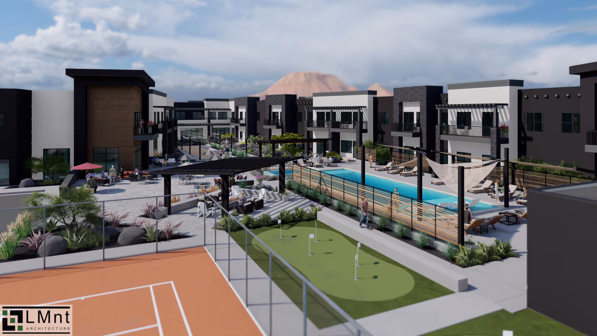 Outdoor view of a modern retirement community featuring a swimming pool surrounded by lounge chairs and shaded seating areas, a putting green, and a tennis or basketball court. The buildings have two stories with balconies overlooking the courtyard. People are seen relaxing and walking around the area with a mountain visible in the background under a partly cloudy sky.