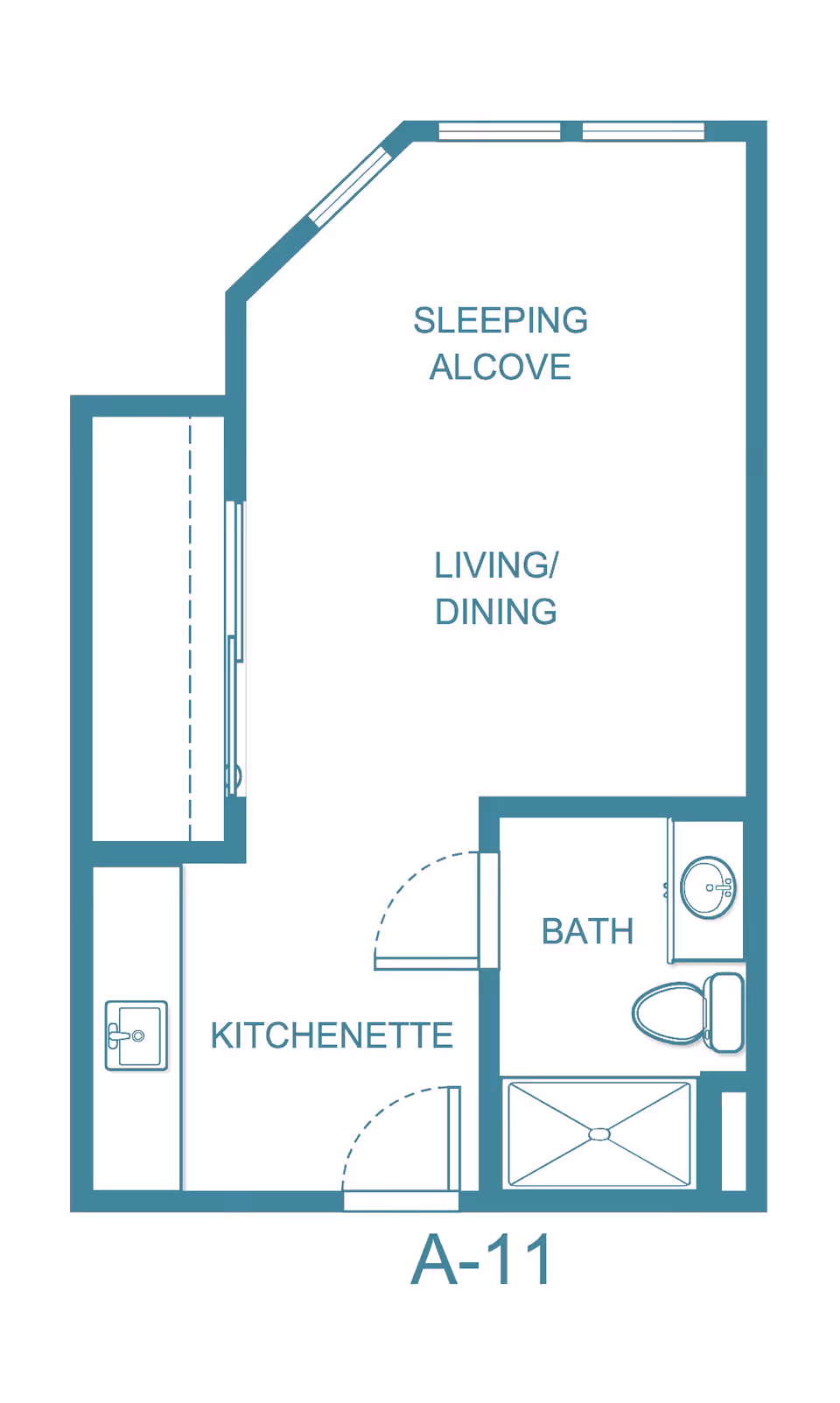 Floor plan of a studio apartment labeled A-11 at Solista Bellevue, showing a sleeping alcove, living/dining area, kitchenette, and a bathroom with a sink, toilet, and shower.