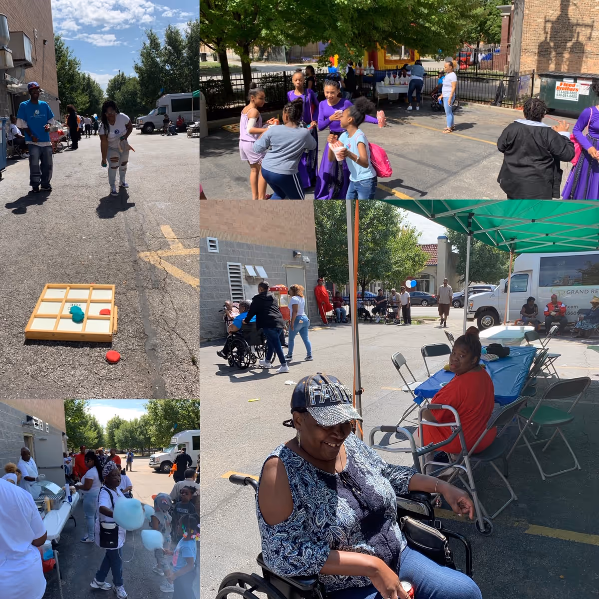 A collage of images showing an outdoor community event at Grand Regency of Jackson Park Supportive Living. People of various ages are gathered outside on a sunny day. Some are playing a bean bag toss game on the pavement, others are standing and chatting near a table with refreshments, and some are seated under a green canopy tent. There are children holding cotton candy and adults socializing, with a van and trees visible in the background.