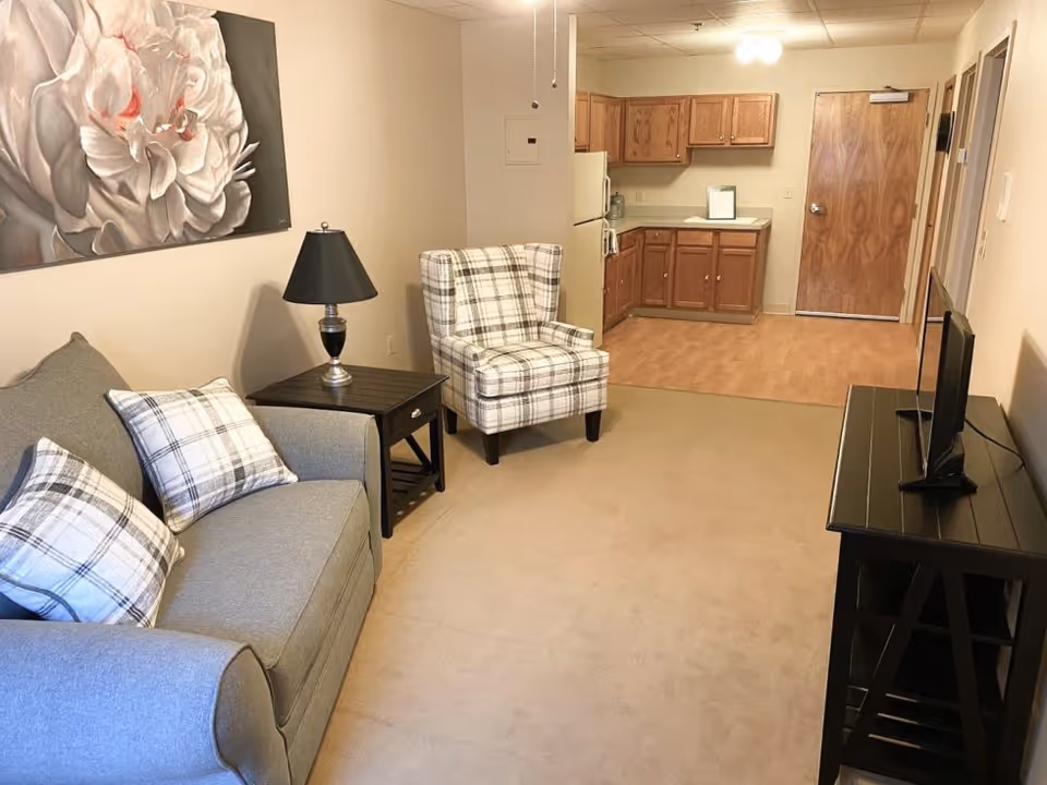 A cozy living area with a gray sofa adorned with plaid pillows, a matching plaid armchair, a black side table with a lamp, and a black TV stand holding a flat-screen television. The room has beige walls and carpet, with a large floral painting on the wall. In the background, there is a small kitchen area with wooden cabinets, a refrigerator, and a wooden door.