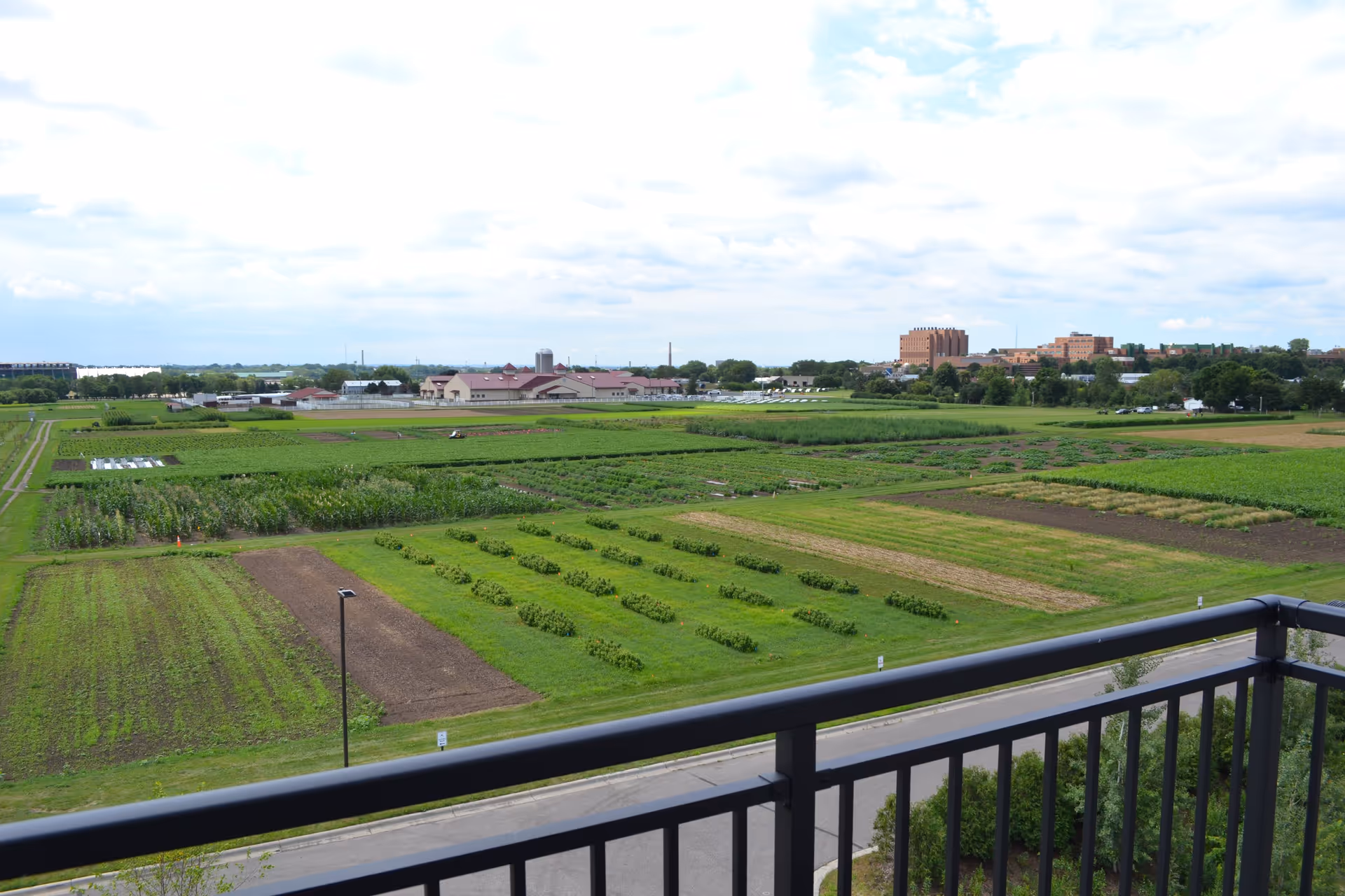 View from a balcony overlooking a large green agricultural field with various crops and plants. In the distance, there are several buildings and a partly cloudy sky.