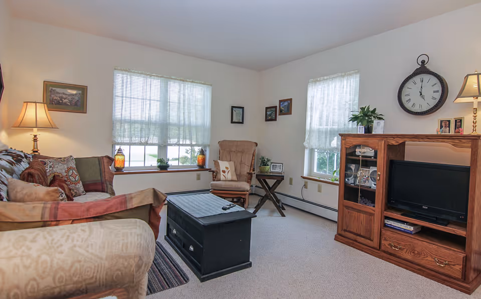 Cozy living room with a sofa, armchair, black coffee chest, wooden TV cabinet and windows with lace curtains.