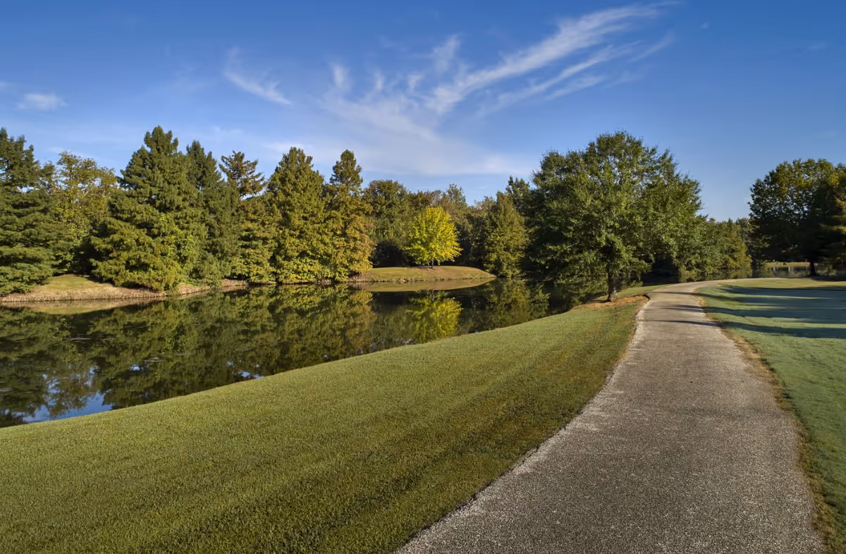 A paved walking path curves alongside a calm pond surrounded by green grass and a variety of trees under a clear blue sky with some wispy clouds.