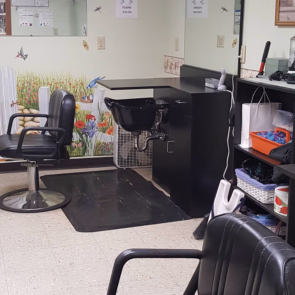 Interior of a hair salon area with two black salon chairs, a black hair washing sink attached to a black cabinet, a large mirror on the wall, and shelves holding various hair care items. The walls are decorated with a mural of flowers, birds, and a white picket fence.