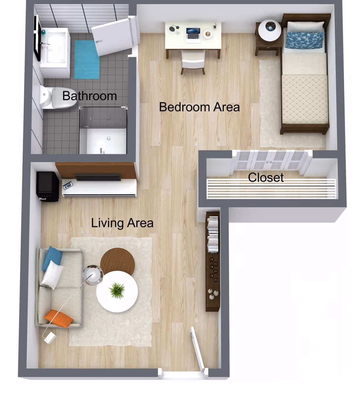 Top-down 3D floor plan of a small studio showing a bedroom area, living area, bathroom, and closet.