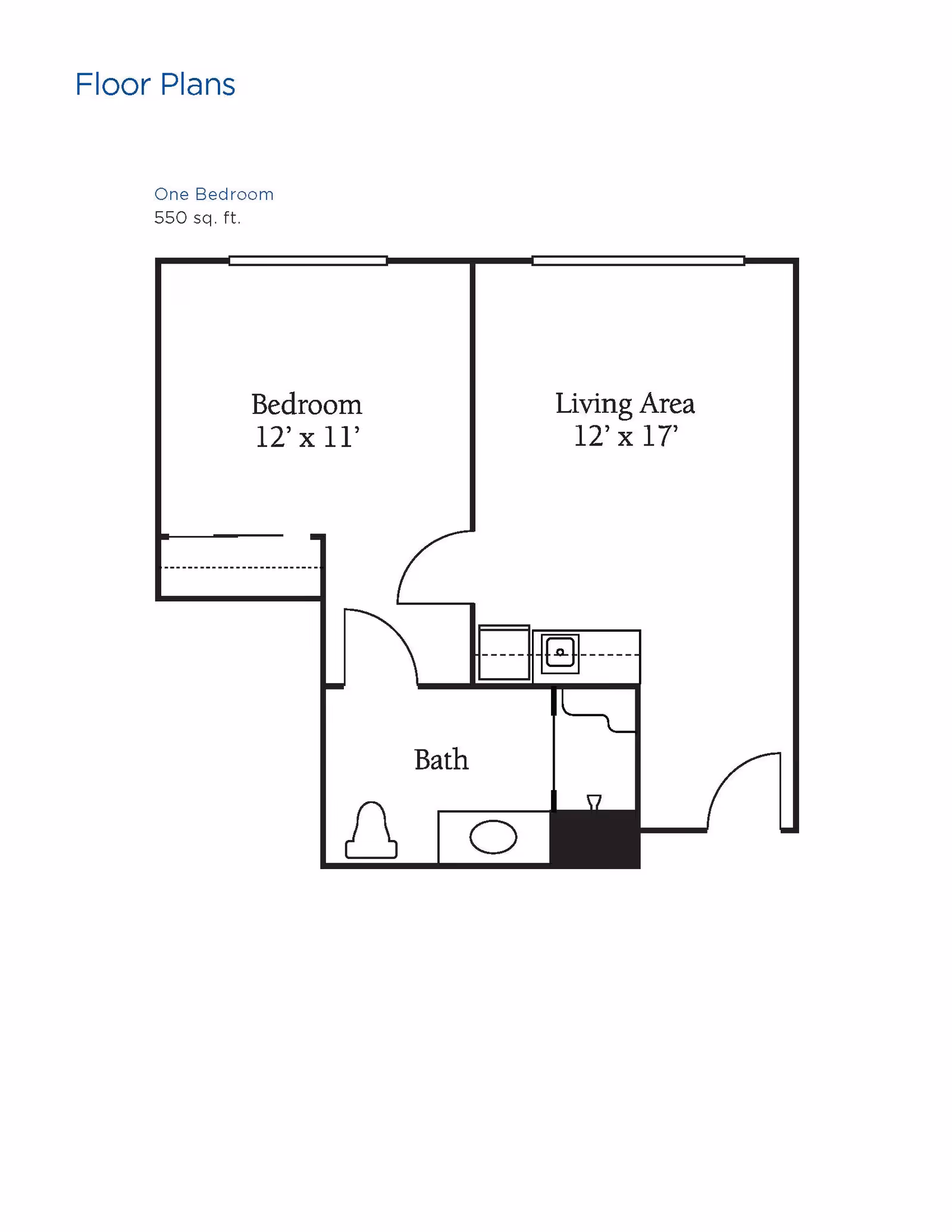 Floor plan of a one-bedroom apartment with 550 square feet, showing a bedroom measuring 12 by 11 feet, a living area measuring 12 by 17 feet, and a bathroom with a toilet, sink, and bathtub.