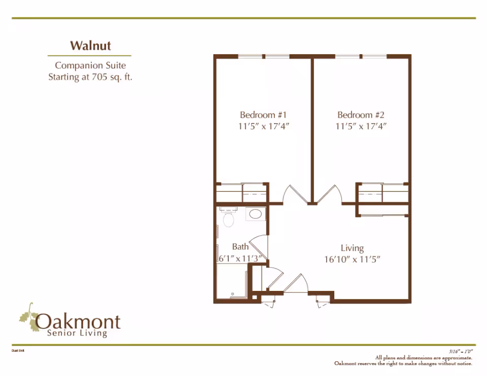 Floor plan labeled 'Walnut' showing a two-bedroom companion suite with living room and bath and room dimensions.