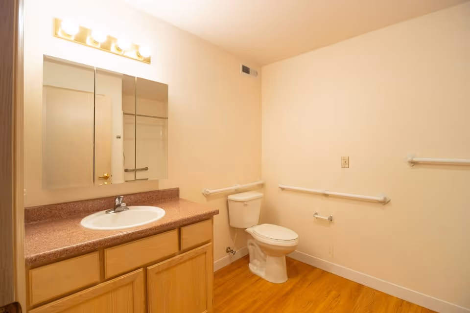 A bathroom with a wooden vanity featuring a brown countertop and a white sink. Above the sink is a three-panel mirror with lights mounted above it. The bathroom has a white toilet with grab bars on the walls around it. The floor is wood-style, and the walls are painted a light beige color.
