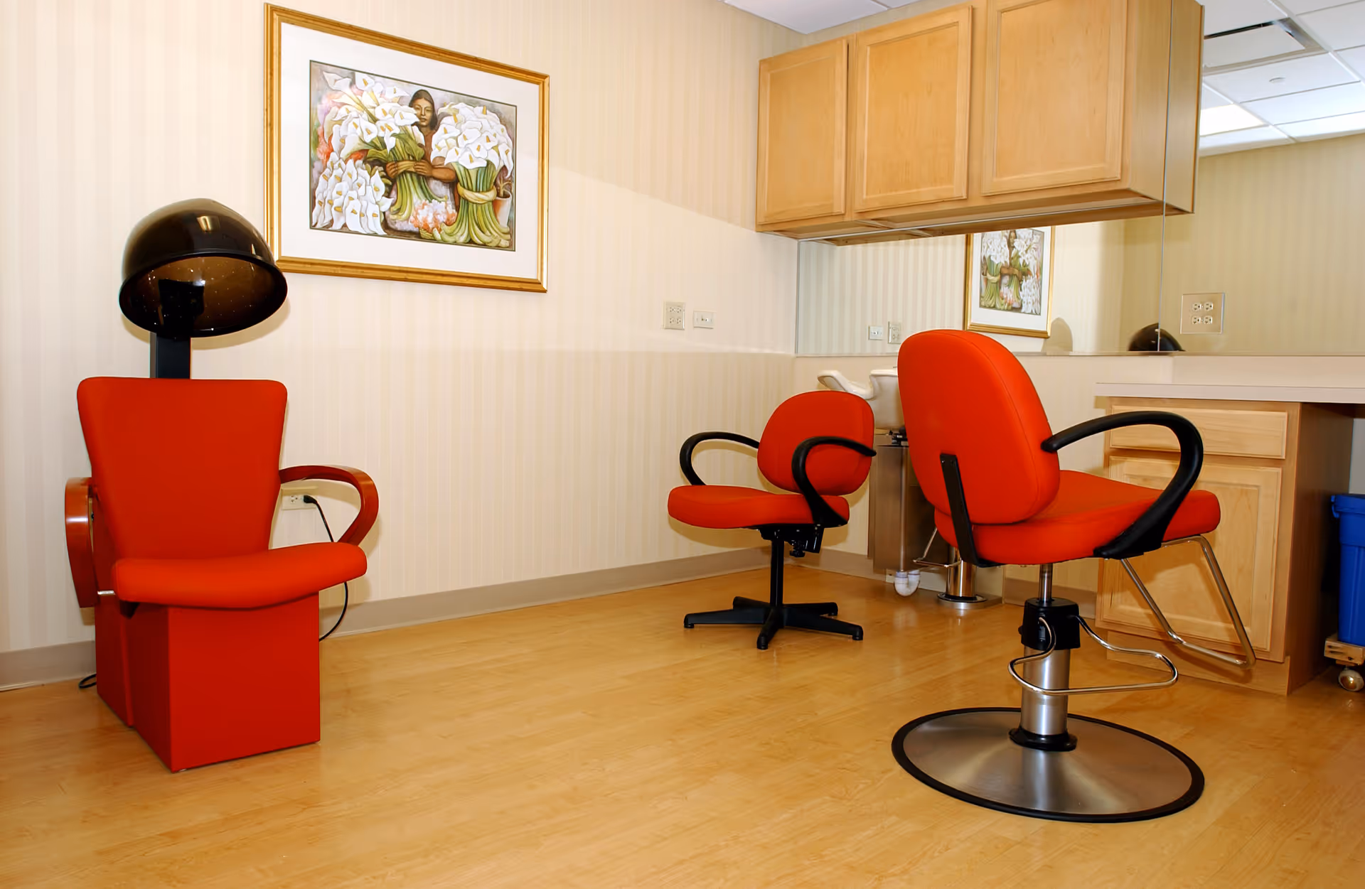 Interior view of a salon area in a senior living facility featuring three red salon chairs, one with a hair dryer hood, a large mirror on the wall, light wood cabinetry, and a framed painting of a person holding a bouquet of white flowers.