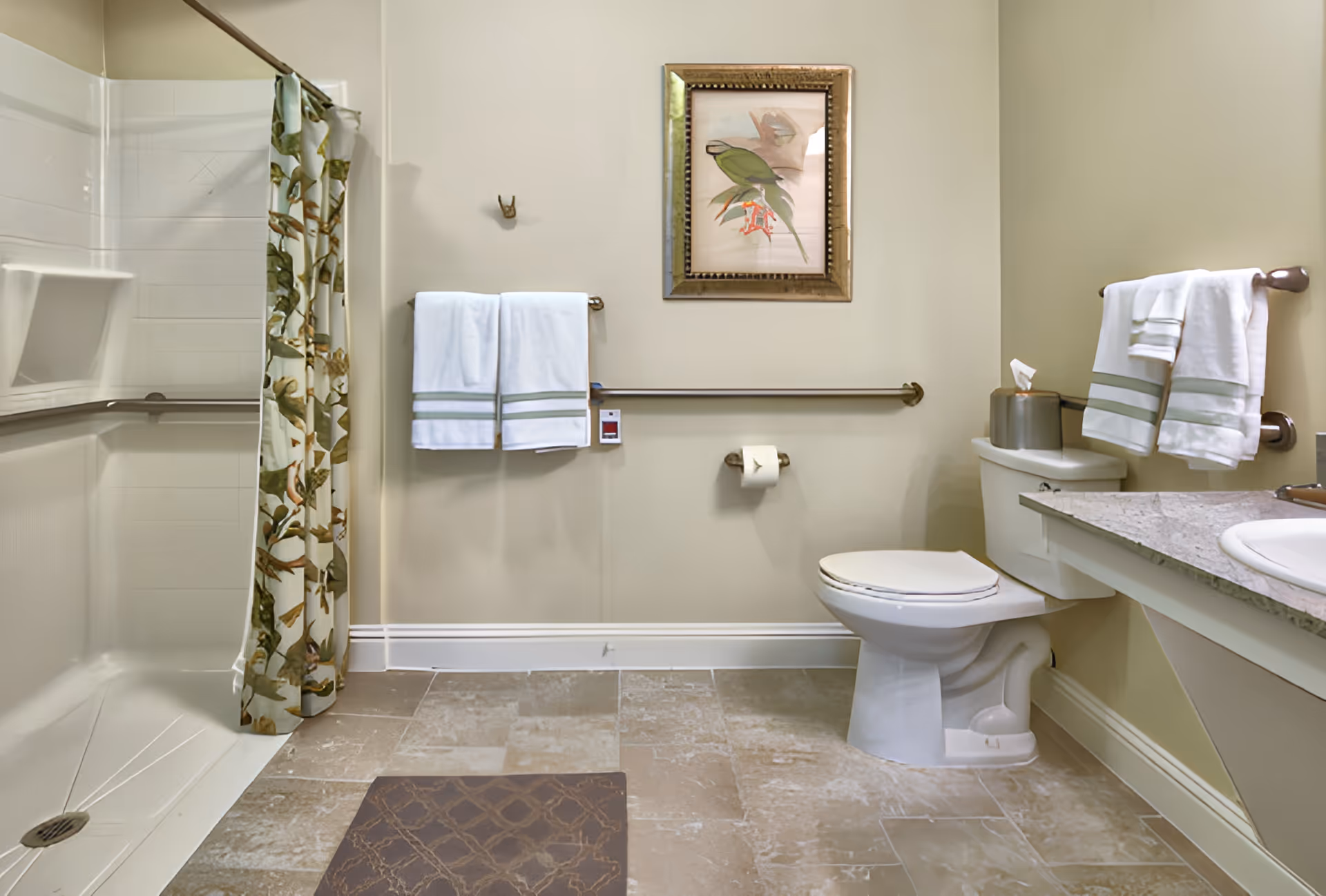 Accessible bathroom featuring a walk-in shower with a patterned curtain, a toilet, grab bars, and neatly folded towels.