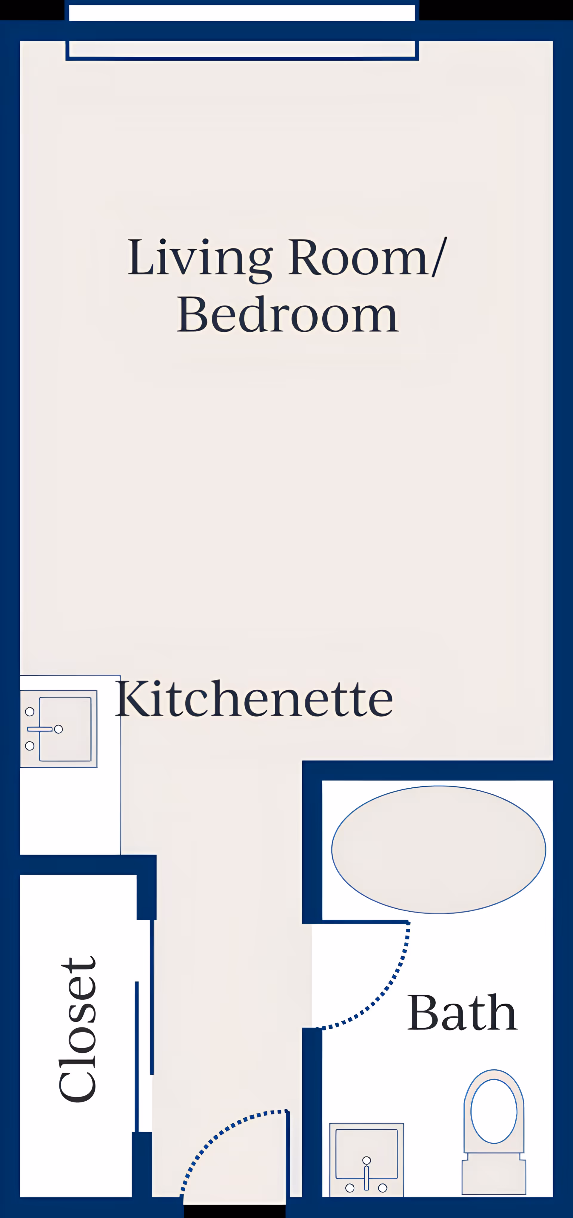Floor plan of a studio layout labeled Living Room/Bedroom with a kitchenette, closet, and bath.