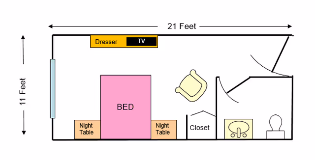 Floor plan of a bedroom measuring 21 feet by 11 feet, showing a bed centered between two night tables, a dresser with a TV on top, a closet, a chair, and an attached bathroom with a sink and toilet.