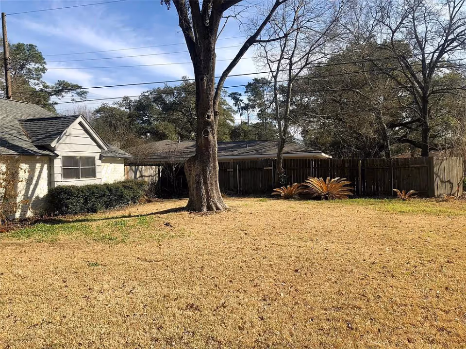 A grassy backyard with a large tree, a wooden fence, and the side of a white house under a blue sky.