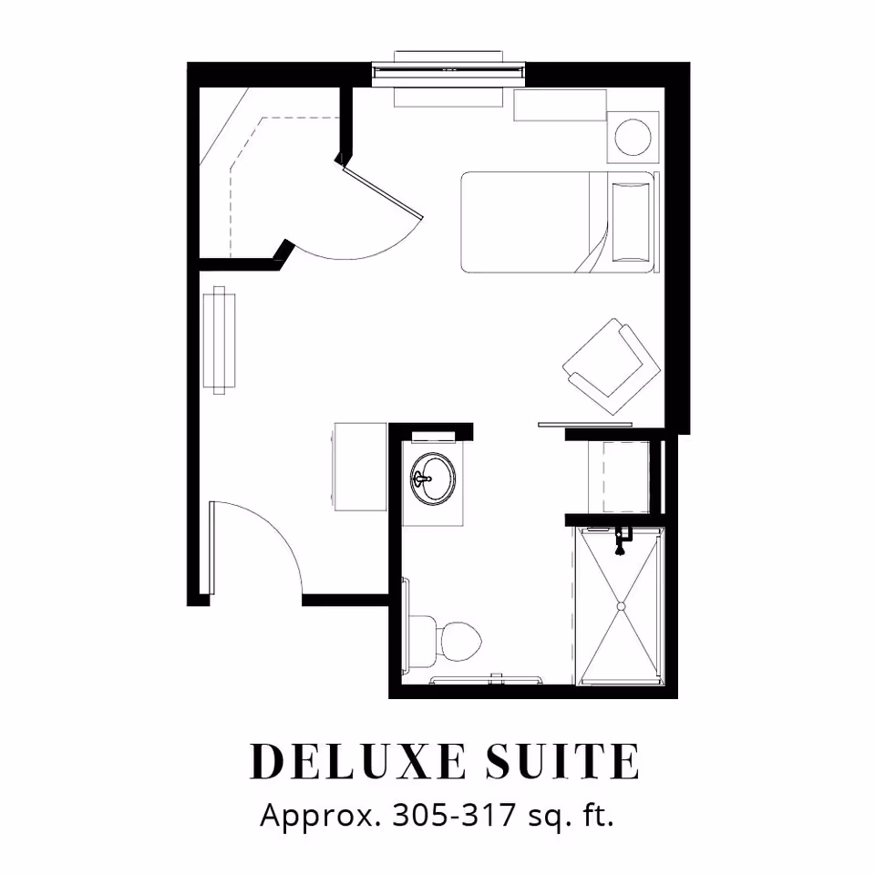Floor plan of a deluxe suite approximately 305-317 square feet, showing a layout with a bedroom area including a bed, chair, and dresser, and a bathroom with a toilet, sink, and shower.