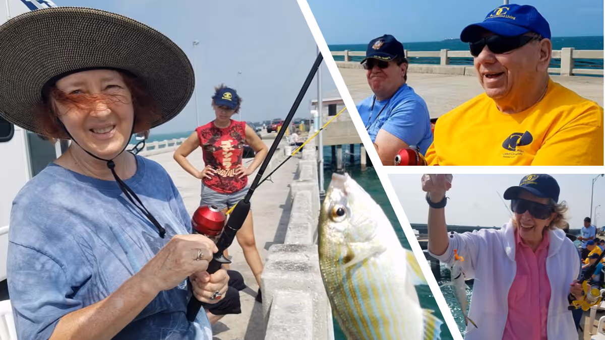 A collage of three photos showing elderly people fishing on a pier by the ocean. The largest photo shows a smiling woman wearing a wide-brimmed hat and holding a fishing rod. The top right photo shows two men sitting on the pier, one wearing a yellow shirt and sunglasses, the other in a blue shirt and cap. The bottom right photo shows a woman holding up a small fish she caught, smiling and wearing sunglasses and a cap.