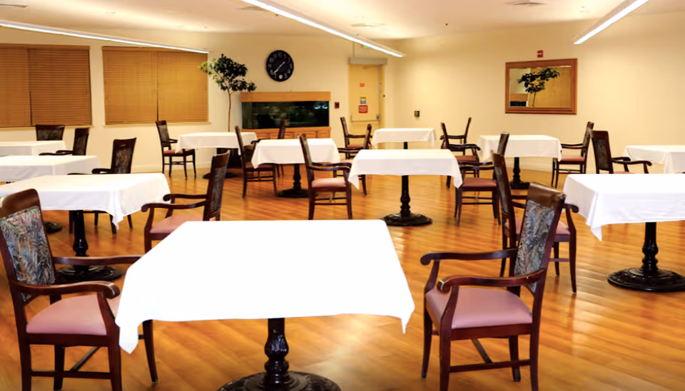 A dining room with multiple tables covered in white tablecloths and wooden chairs with cushioned seats. The room has wooden flooring, a wall clock, a large mirror, and a potted plant near the back wall with windows covered by blinds.