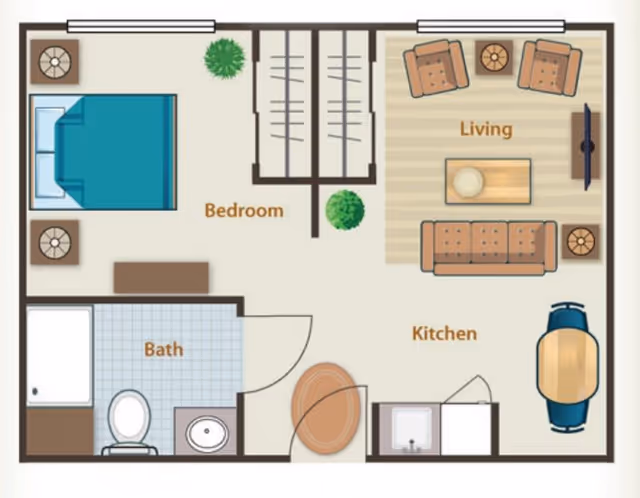 Floor plan of a senior living unit showing a bedroom with a bed and nightstands, a bathroom with a bathtub, toilet, and sink, a living area with a sofa, two chairs, a coffee table, and a TV, and a kitchen area with a sink and a dining table with two chairs.