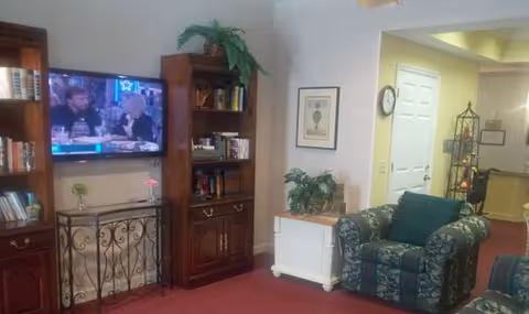 A cozy living room area with a patterned armchair and a matching sofa. There is a wooden bookshelf filled with books and decorative items, and a flat-screen TV mounted on the wall showing a program. A small white cabinet with a plant on top is next to the armchair. The room has red carpet flooring and light-colored walls with framed artwork and a clock.