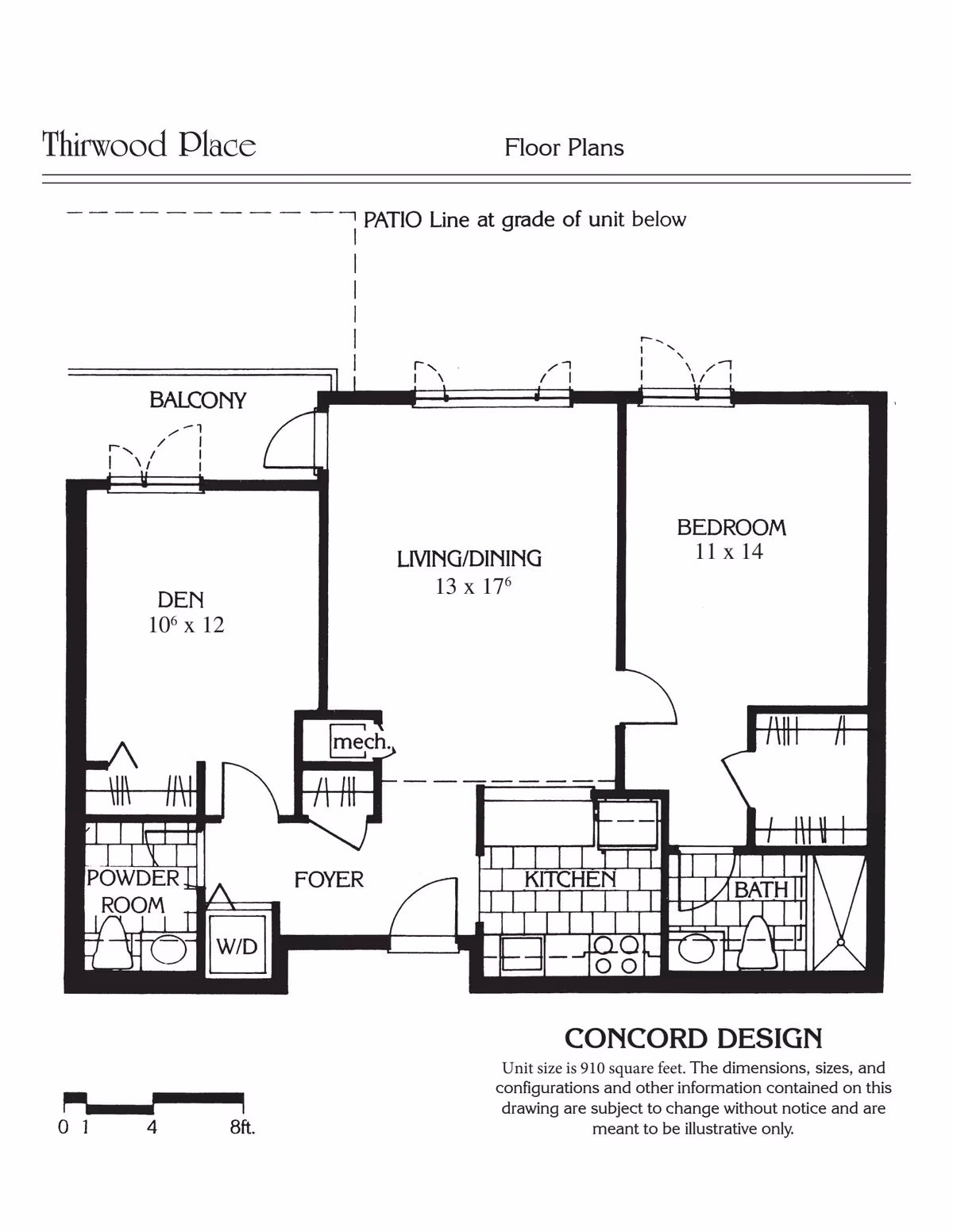 Floor plan of a unit at Thirwood Place named Concord Design, showing a den, living/dining area, bedroom, kitchen, powder room, bath, foyer, balcony, and patio. The unit size is 910 square feet with dimensions and layout details.