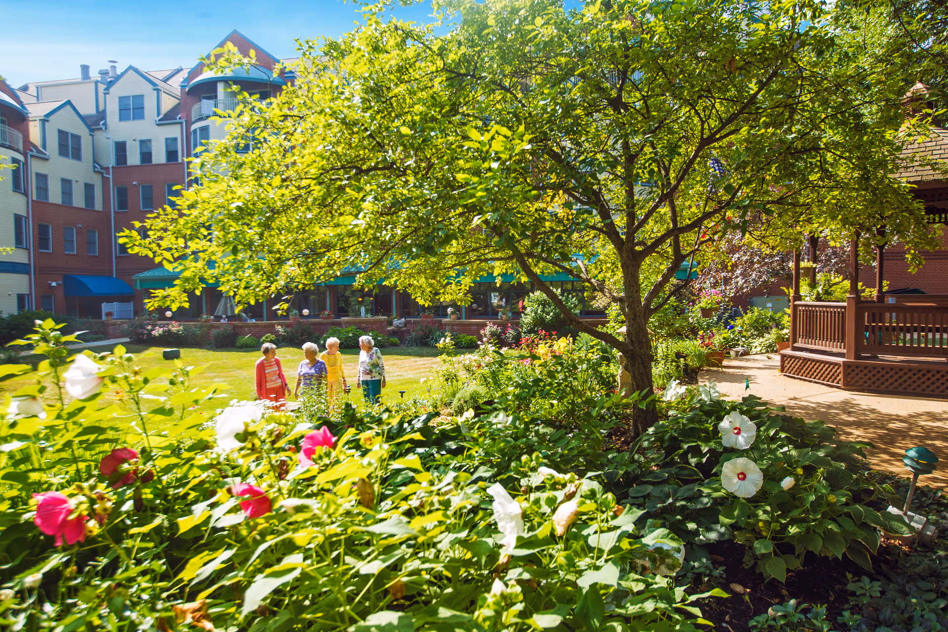 A sunny outdoor garden area at Bethesda Orchard with lush green plants, colorful flowers, and a large tree. In the background, four elderly women are standing and chatting on a grassy lawn near a multi-story residential building with balconies and awnings.