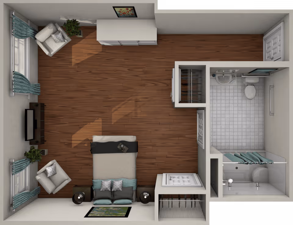 Top-down view of a studio apartment layout featuring a bedroom area with a bed, two armchairs near windows with curtains, a TV on a stand, a closet, and an adjacent bathroom with a toilet, sink, and shower with a curtain.