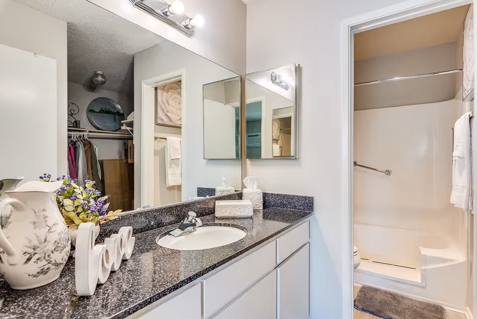 A clean bathroom with a black granite countertop, white sink, and white cabinets. There is a large mirror above the sink with three light bulbs on top. On the countertop, there is a white decorative pitcher with flowers, a white decorative 'love' sign, and a tissue box. To the right, there is a small shower area with a towel hanging on the wall and a gray bath mat on the floor. In the reflection of the mirror, a walk-in closet with hanging clothes and a framed flower picture on the wall is visible.