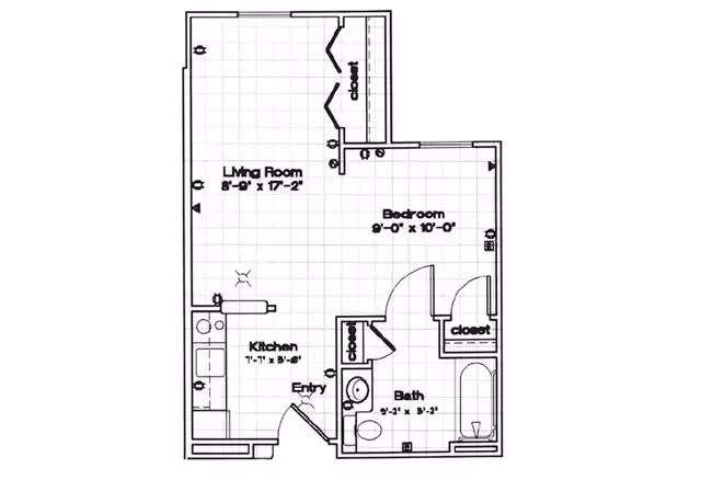 Architectural floor plan of a one-bedroom apartment at Park Square Manor, showing a living room, kitchen, bedroom, bathroom, entry, and closets with dimensions.