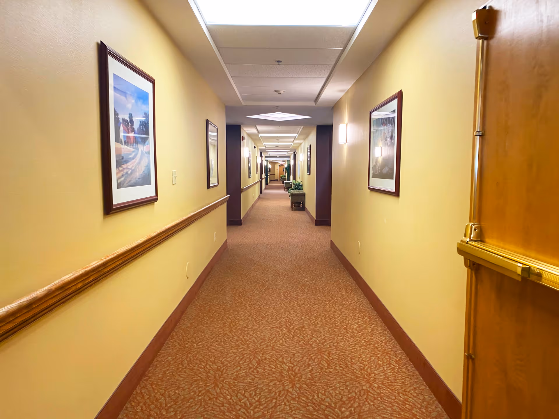 A long, well-lit hallway in a senior living facility with beige walls, framed artwork on the walls, a patterned carpet, and handrails along both sides. The ceiling has recessed lighting panels and there are some plants visible further down the corridor.