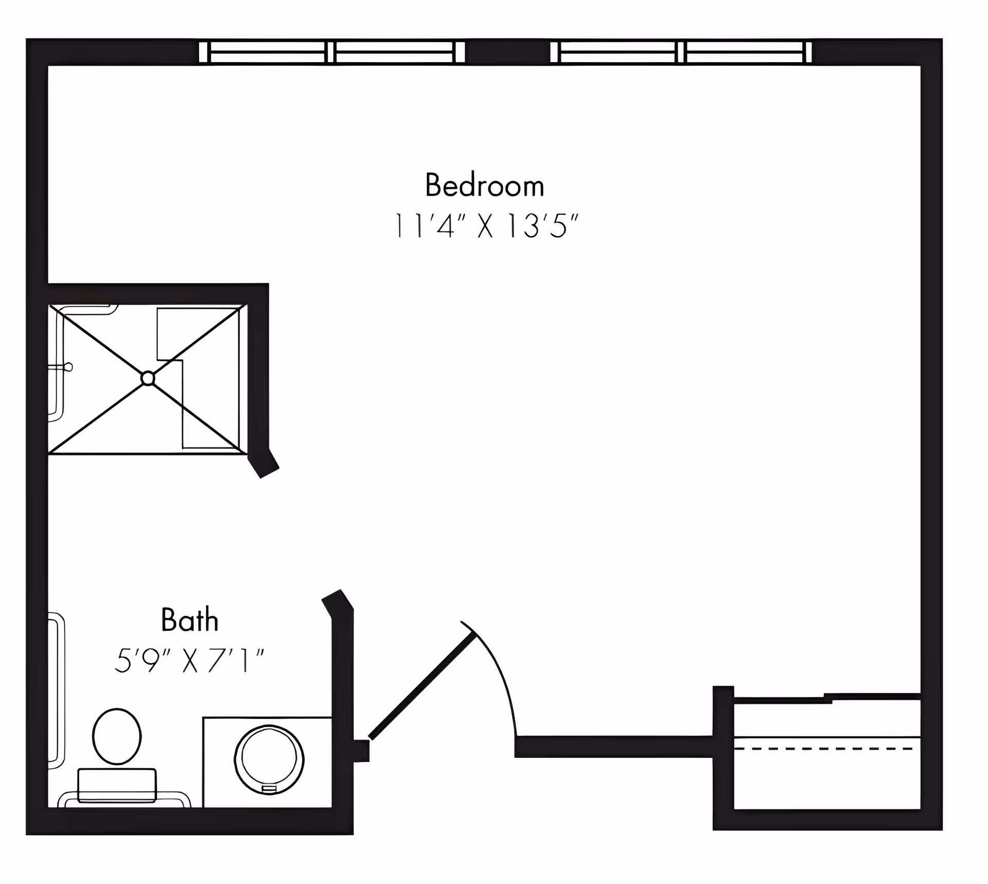 Black-and-white floor plan of a bedroom (11'4" x 13'5") with an attached bath (5'9" x 7'1"), closet and entry door.